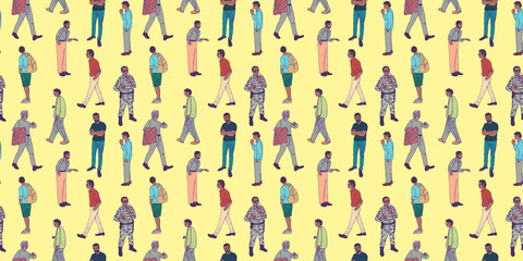 Illustration of people's silhouettes. Men of different professions and ages. Horizontal yellow pattern. Wallpaper print.