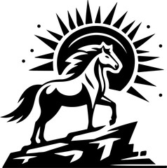 A wild black stallion mustang and equestrian rider silhouette vector illustration features a running horse animal in a nature farm design