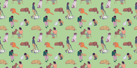 Illustration of silhouettes of people with pets. Children and elderly people with dogs and cats, horizontal green pattern. Wallpaper print.