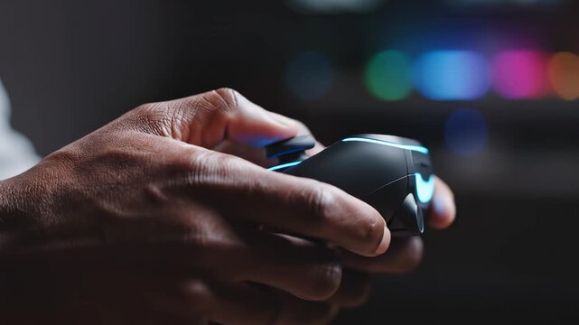 Hands holding illuminated gaming controller