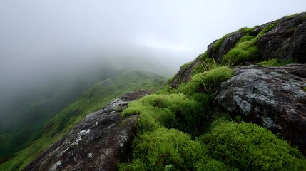 Misty mountain landscape featuring vibrant green moss and grass growing on rugged rocky slopes enveloped in soft atmospheric fog on a serene day
