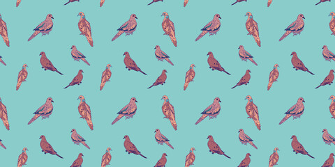 Gray doves horizontal pattern. City birds illustration blue print.