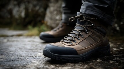 Rugged brown hiking boots with black soles resting on wet natural rocky terrain