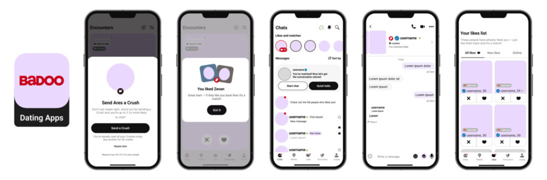 Badoo dating app mobile interface showing user profiles, matches and chat screens
Online dating and social connection experience inside Badoo application UI
