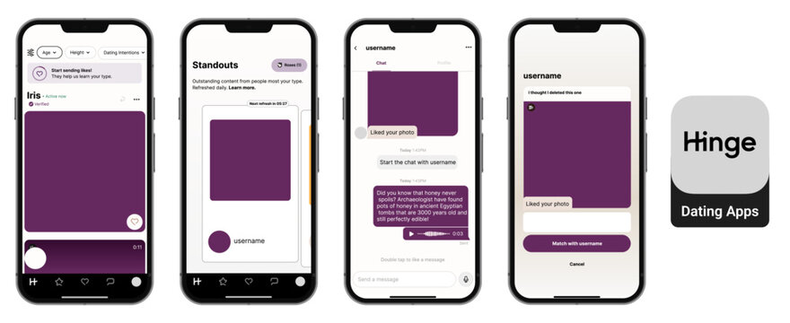 Hinge dating app user interface showing profiles, likes and chat screens
Modern mobile dating experience with Hinge app UI design and matching features