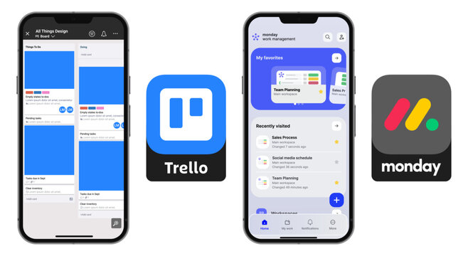 Trello and monday project management apps mobile interface
Trello and monday productivity and project management software UI