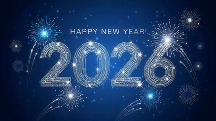 2026 HD Happy New Year 2026 Artistic Greeting Card with Glowing White Line Art Numbers and Fireworks on Dark Blue