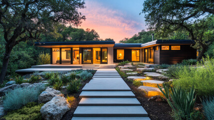 Fototapeta premium Modern house with captivating landscape illuminated at dusk in a tranquil residential area