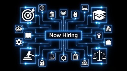 Now hiring Business finance concept on screen. glowing blue circular holographic display, sci-fi business concept , Futuristic technology interface, digital data visualization,4k animation video.. - Powered by Adobe