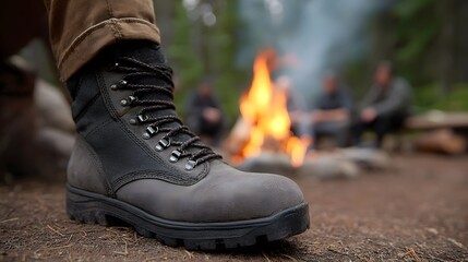 A rugged hiking boot is in focus in front of a warm campfire with blurred figures gathered in a forest setting suggesting outdoor adventure and