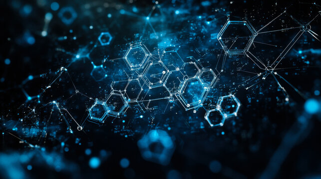 Visual representation of molecular structures in a futuristic digital environment with blue highlights and glowing nodes