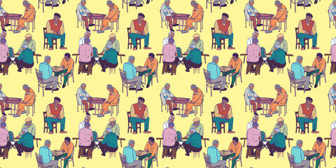 Illustration of silhouettes of people playing a board game. Old charismatic men play checkers and backgammon. Horizontal yellow pattern. Wallpaper print.