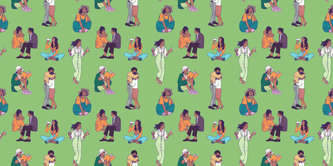 Illustration of silhouettes of young people and teenagers on a street, horizontal green pattern. Many girls and boys spending time together, print wallpaper. Reading books and drinking.