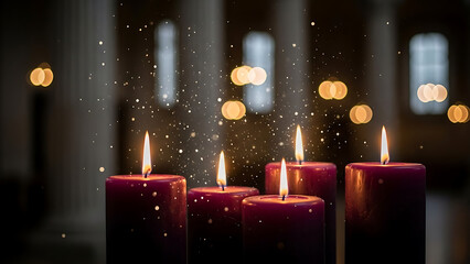 A softly focused view showcases illuminated deep red candles creating a warm and inviting atmospheric ambiance within a dimly lit