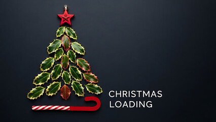 a festive christmas tree design made of holly leaves and a red star with loading text high quality professional detailed modern