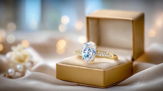 Sparkling Engagement Ring: A close-up view of a stunning engagement ring, radiating brilliance. Placed inside a luxurious box, creating an ambiance of luxury, anticipation.