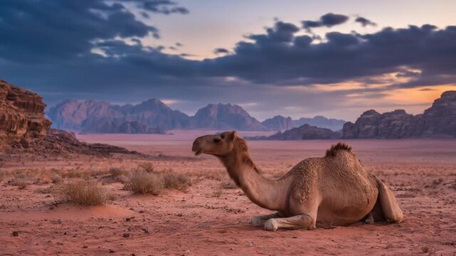 A lone camel rests on red desert sand beneath rugged horizon as sunset paints distant mountains