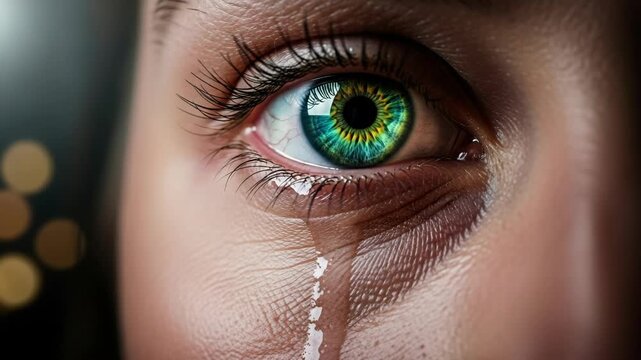 Close up of a female adult eye with a tear streaming down the cheek. Capturing profound emotion and human vulnerability with a striking green iris and detailed skin