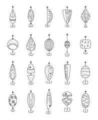 Fishing bait set in outline line art lure hook featuring objects designed angling equipment usage water sport on the environment and recreation elements angler