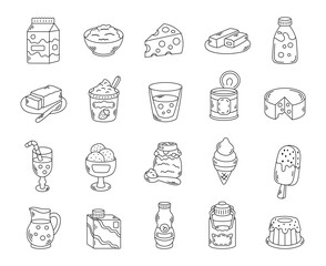 Dairy product set in outline line art food illustration with milk, cheese, yogurt, butter, kefir, ice cream, pudding, glass, cone, bar, jug, popsicle
