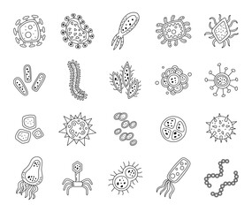 Microorganism set in outline line art featuring virus, bacteria, amoeba, phage spores, cells, colonies, chains, flagellum, capsules, clusters for your illustration and designs projects