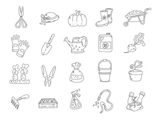 Garden set in outline line art, tools and planting equipment for cultivating vegetables and maintaining activities with various helpful items designed for everyday work and for your projects