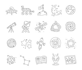 Astronomy set in outline line art exploring diverse celestial objects for scientific observation across cosmic phenomena within imaginative educational research discovery creative designs projects