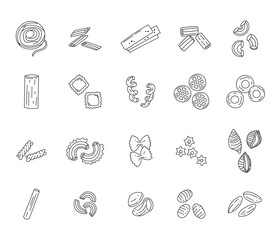 Pasta food set in outline line art featuring spaghetti penne lasagne rigatoni gobbetti cannelloni ravioli cavatappi rotelle anelli fusilli farfalle conchiglie orzo