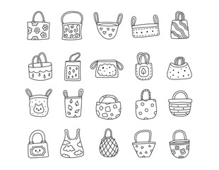 Fashion bag set in outline line art for showing handbags with different shapes, handmade details suitable perfect for your stylish illustration and creative designs projects