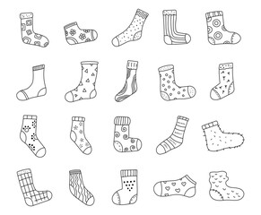 Sock set in outline line art featuring cozy clothing ornaments designed for nursery kids apparel decor illustration projects and handmade textile concepts