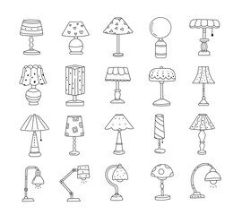 Lamp set in outline line art with various interior table and desk lighting forms for cozy interior decoration projects and warm home illustration design needs purposes