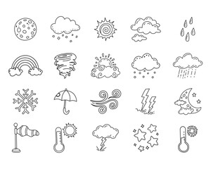 Weather forecast set in outline line art featuring sun, moon, cloud, rain, snow, wind, storm, temperature elements, umbrella rainbow for meteorology projects