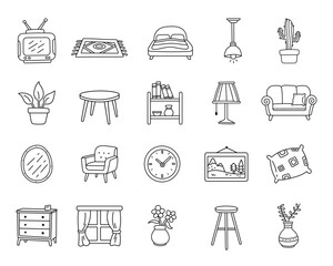 Home interior furniture objects set in outline line art showing living room bedroom items including television, sofa, bed, lamp, rug, plant