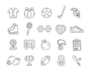 Sport equipment training objects set in outline line art featuring balls shoe weights rackets trophies medals uniforms tools nutrition awards schedule scoreboard