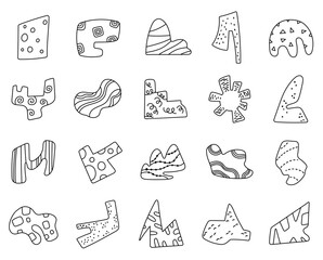 Abstract figure set in outline line art with various hand drawn forms suitable for illustration projects and handmade pattern designs for creative crafting purposes decorative elements