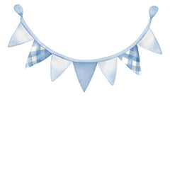 Watercolor blue baby bunting banner illustration with checkered and solid triangle flags hand painted party decor isolated on black background