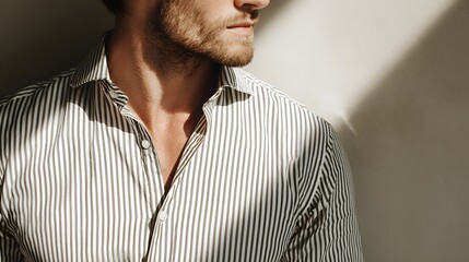 Stylish Man Wearing Striped Shirt with Dramatic Sunlight Shadows.