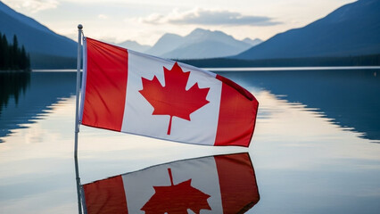 Canadian flag waving prominently in front of a serene mountain landscape