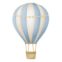 Watercolor blue hot air balloon illustration with beige stripes cute nursery decor element for baby boy design hand painted balloon isolated on black background © ThemeRage