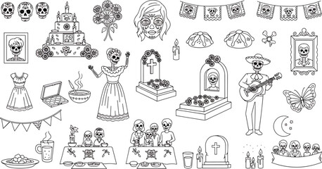 Day of the Dead illustration elements, skulls, skeletons, graves, cakes, and flowers, festive and traditional vector art