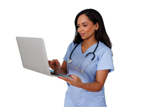 Healthcare professional nurse using laptop for telemedicine, online consultation, and digital health services on transparent background