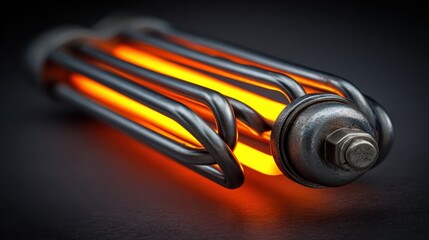 Close-up of a glowing electric heating element. The metal rods are heated and radiate a warm, orange light against the dark backdrop,