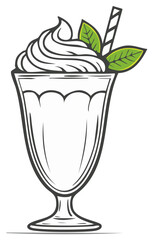 Illustrated sweet cold drink with fluffy whipped cream green mint and a decorative straw