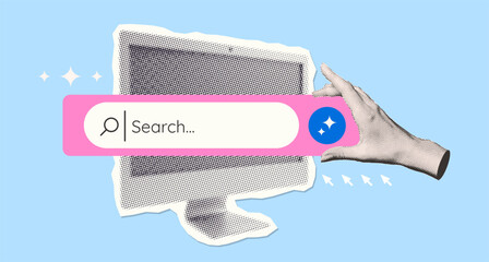 Trendy minimalistic Halftone effect Computer laptop with hand holding a Search bar. SEO marketing concept. Online search job. Grunge vintage poster. Vector illustration collage art © LanaSham