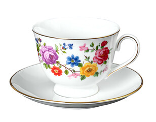 White teacup and saucer adorned with vibrant floral blossoms
