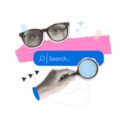 Search bar in retro paper collage style. Hand with magnifying glass and eyes in eyeglasses in halftone effect. Vector retro modern illustration with dots in pop art style on transparent background.