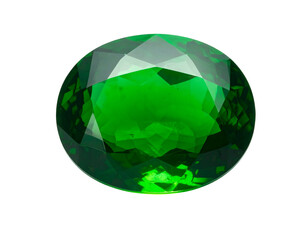 A faceted, oval, vibrant green gemstone against black