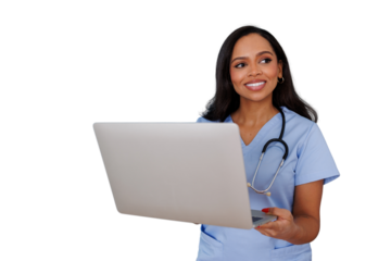 Healthcare worker using laptop for telemedicine, providing digital health consultation services on transparent background