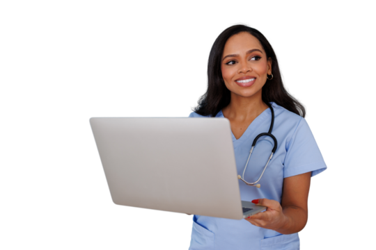 Healthcare worker using laptop for telemedicine, providing digital health consultation services on transparent background - Powered by Adobe