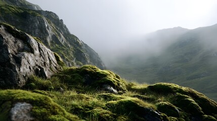 A moss covered mountain slope shrouded in fog under soft sunlight with rocky cliffs and distant peaks